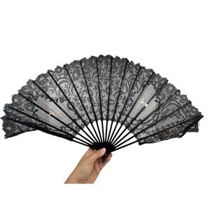 Antique Black Chantilly Lace "hand Painted angels" Hand Folding Fan